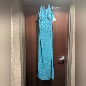 Scala 1129 Size 2 Blue Halter Prom Gown 100% Silk